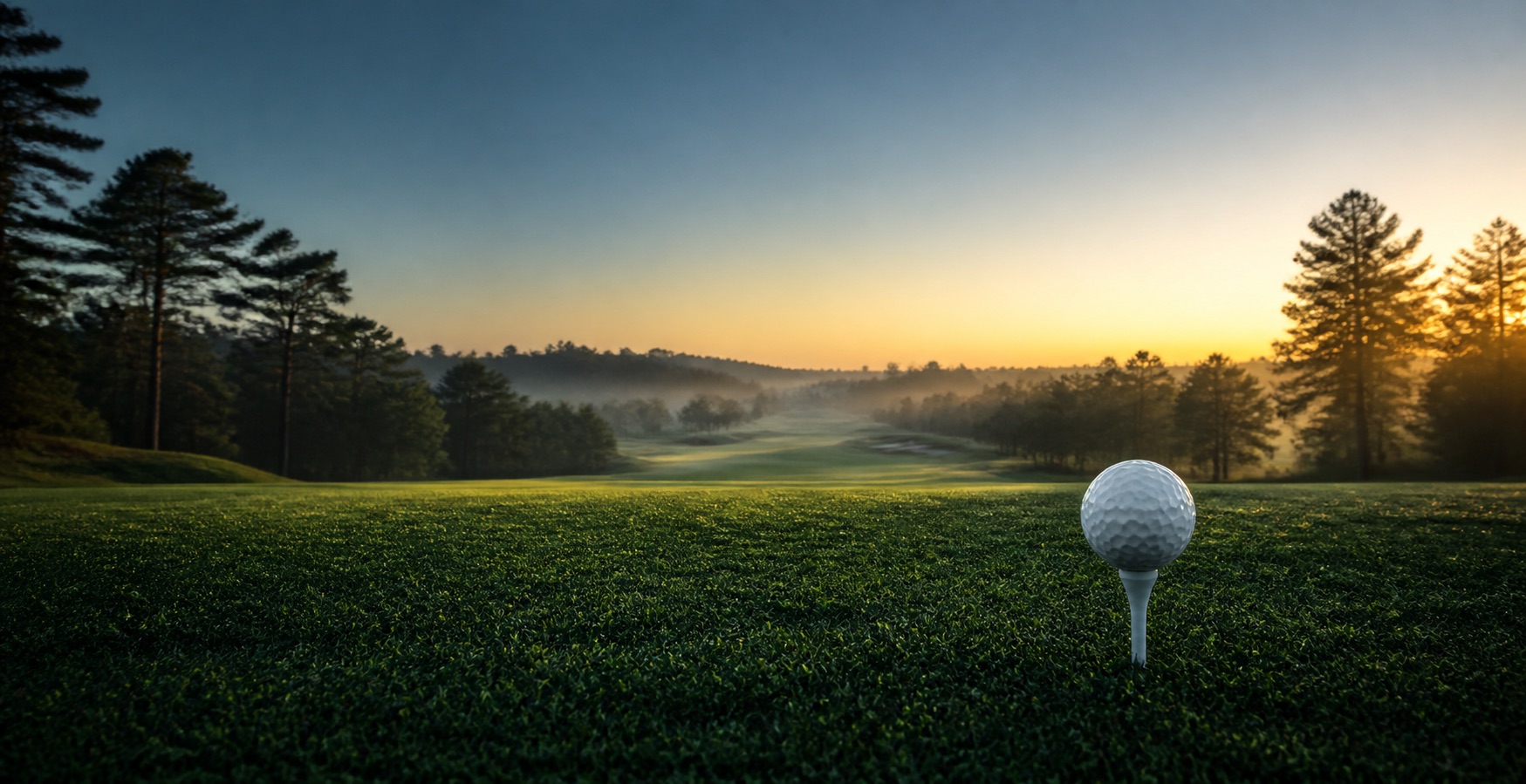 Golf ball on a course at sunrise